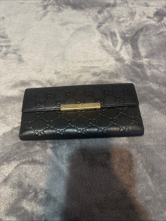 Gucci Handbags - Gucci Black Embossed Leather Continental Wallet with Gold Plaque